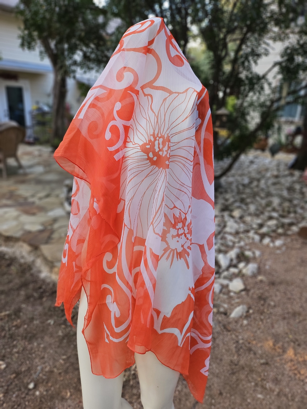 Women’s Orange Floral Sheer Chiffon Textured Scarf